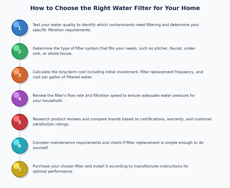 Step-by-step process diagram for how to choose a home water filter from testing to installation