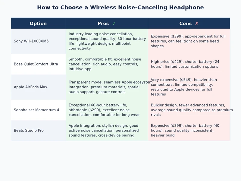 comparison of wireless noise canceling headphone tiers showing ANC depth, battery life, and codec support