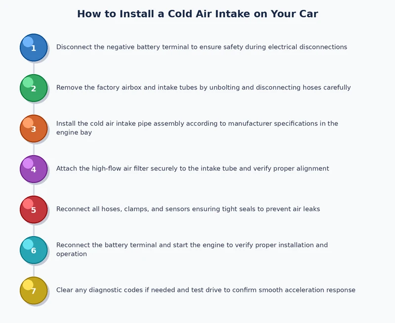 Cold air intake installation process diagram showing removal, MAF transfer, routing, and filter connection steps