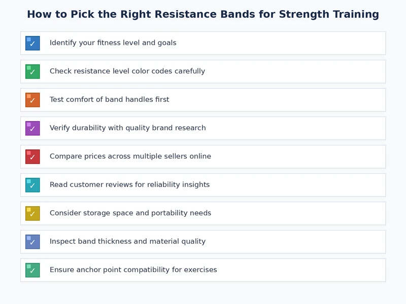resistance band selection checklist covering band type, resistance range, material, care, and budget tiers