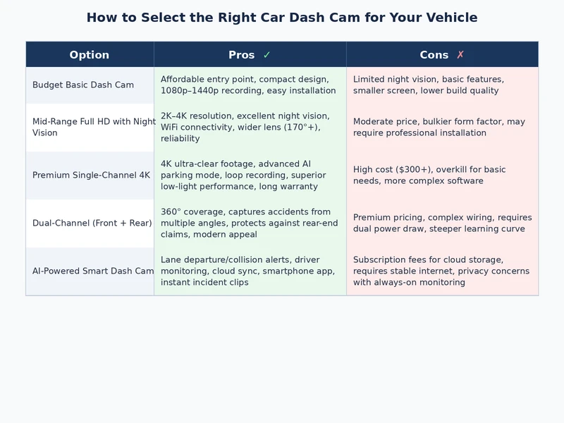 dash cam comparison chart showing resolution and feature differences across price tiers