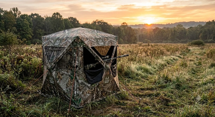 Ground blind and tower blind side-by-side in a field, illustrating the core subject of any hunting blind buying guide