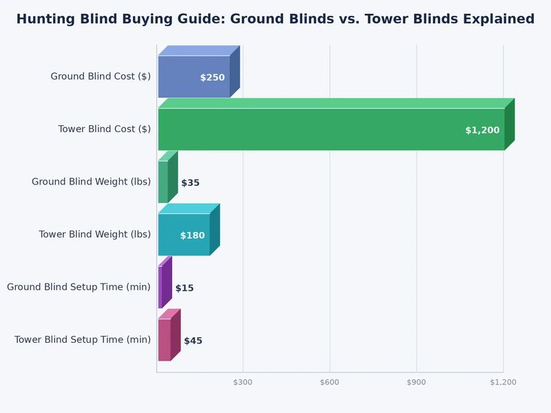 Bar chart comparing ground blind and tower blind performance across key criteria in a hunting blind buying guide