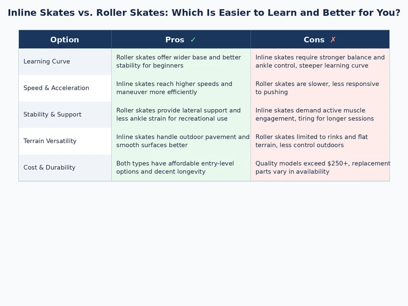 Side-by-side comparison diagram of inline skates vs roller skates covering cost, terrain, and maintenance