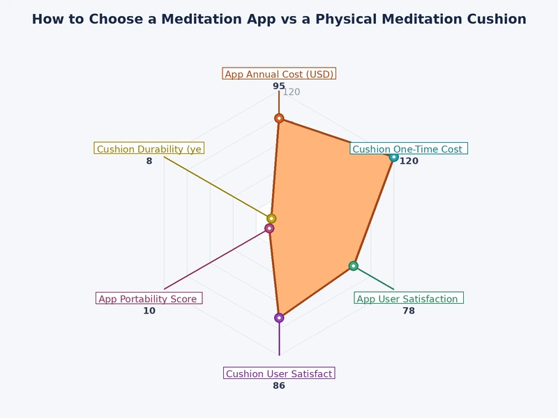 Bar chart comparing meditation app vs meditation cushion across cost, portability, learning curve, and long-term value