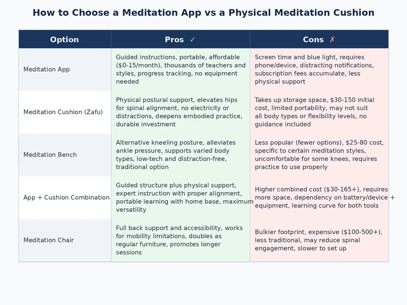 Side-by-side visual comparison of meditation app features versus physical meditation cushion benefits for long-term practice