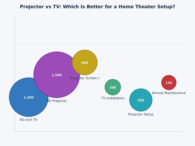 Comparison chart showing projector vs TV ratings across screen size, brightness, cost per inch, and setup ease