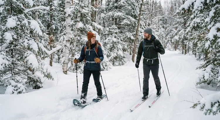 snowshoes vs cross-country skis side by side on a snowy winter trail