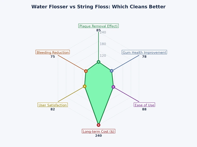 Chart comparing plaque removal effectiveness and usability of water flosser vs string floss across key metrics