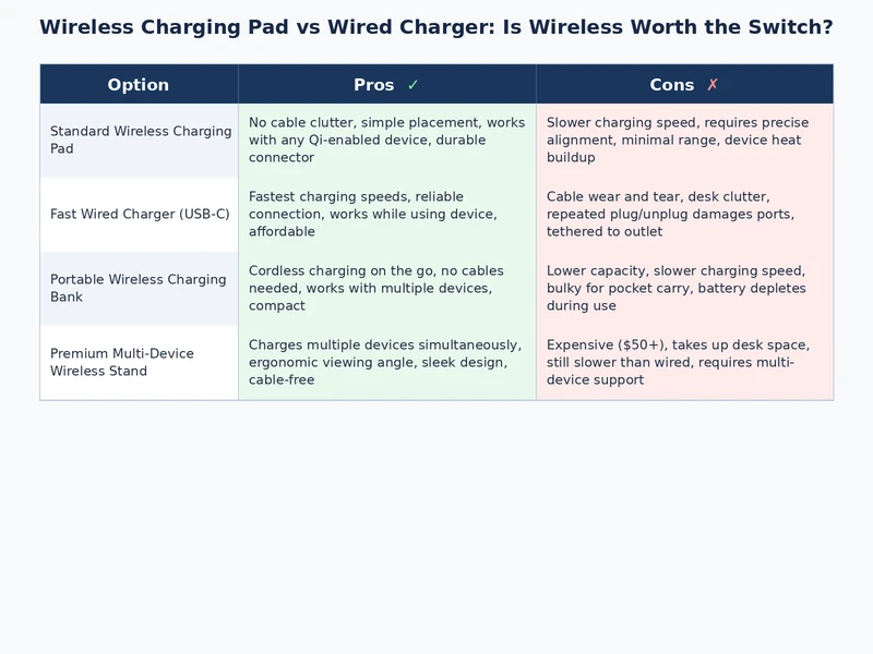 wireless charging pad vs wired charger hardware comparison chart showing power delivery specs